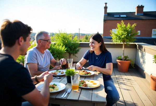 Eine Familie genießt das Mittagessen in einem Garten auf dem Dach.